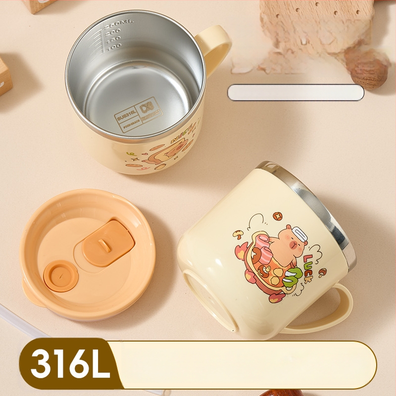 Detský pohár na mlieko z nehrdzavejúcej ocele 316/304, karikatúrny dizajn, dvojité steny, s viečkom a slamkou