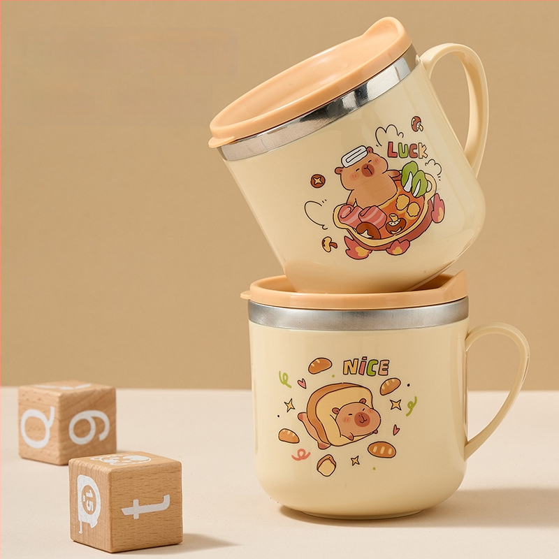 Detský pohár na mlieko z nehrdzavejúcej ocele 316/304, karikatúrny dizajn, dvojité steny, s viečkom a slamkou