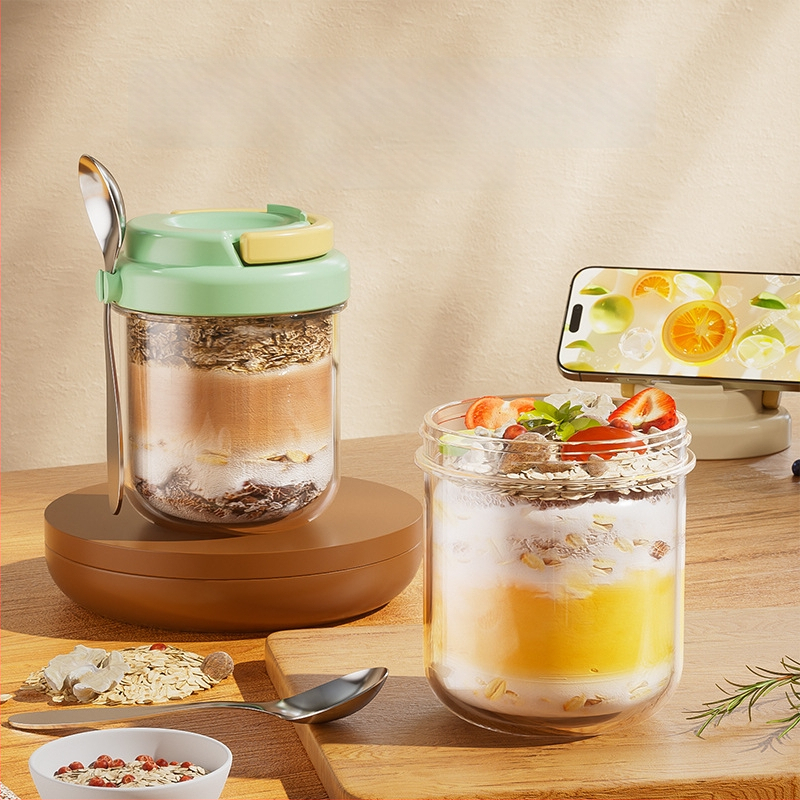 Sklenený pohár na nočné ovsené vločky – Moderný minimalistický štýl, s viečkom a lyžičkou, uzavretý na cestovanie pre saláty, mlieko a smoothie