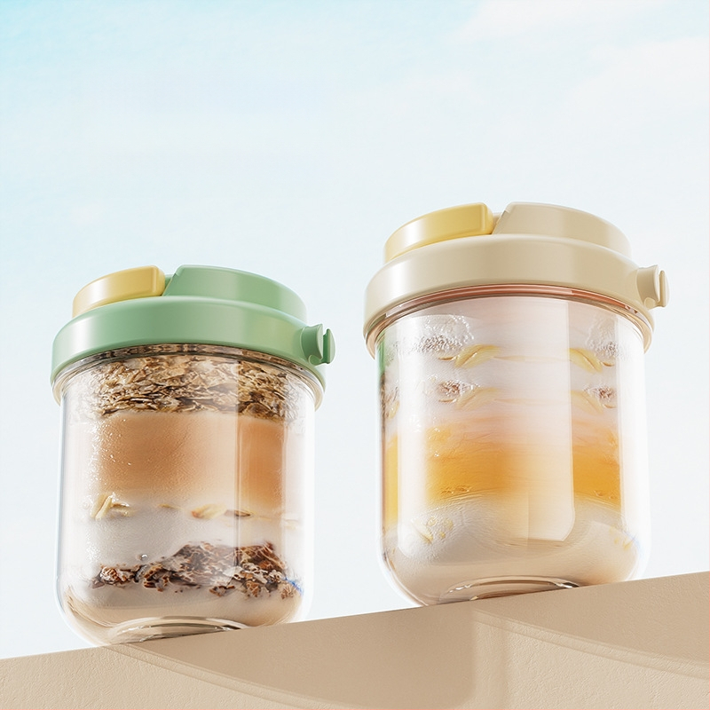 Sklenený pohár na nočné ovsené vločky – Moderný minimalistický štýl, s viečkom a lyžičkou, uzavretý na cestovanie pre saláty, mlieko a smoothie