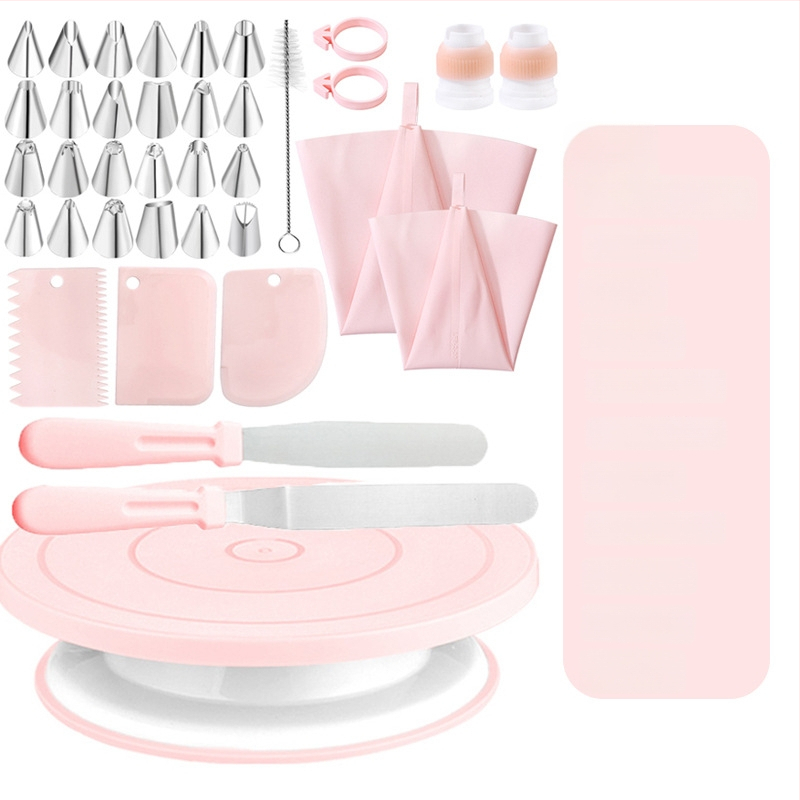 Qiao Sada na zdobenie tort s otáčacím tanierom, protišmyková, z nehrdzavejúcej ocele + plastu; Obsahuje 24 zdobiacich špičiek, 2 vrecká na zdobenie, 2 špachtle, 2 silikónové krúžky, 2 čistiace kefky