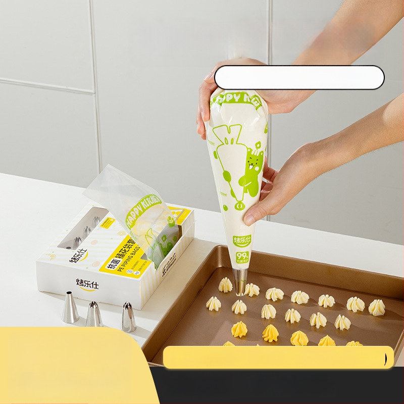 Pārtikas kvalitātes vienreizējās lietošanas špricēšanas maisiņš, bieza un izturīga pret plīsumiem, komplekts uzgalīšu, PE materiāls, kastē iepakots, izmanto krēmu izspiešanai un cepšanai