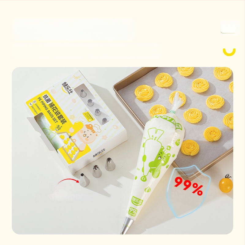 Pārtikas kvalitātes vienreizējās lietošanas špricēšanas maisiņš, bieza un izturīga pret plīsumiem, komplekts uzgalīšu, PE materiāls, kastē iepakots, izmanto krēmu izspiešanai un cepšanai