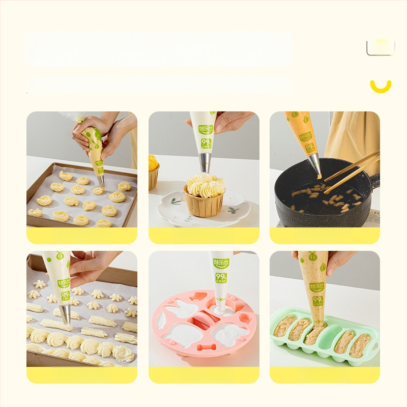 Pārtikas kvalitātes vienreizējās lietošanas špricēšanas maisiņš, bieza un izturīga pret plīsumiem, komplekts uzgalīšu, PE materiāls, kastē iepakots, izmanto krēmu izspiešanai un cepšanai