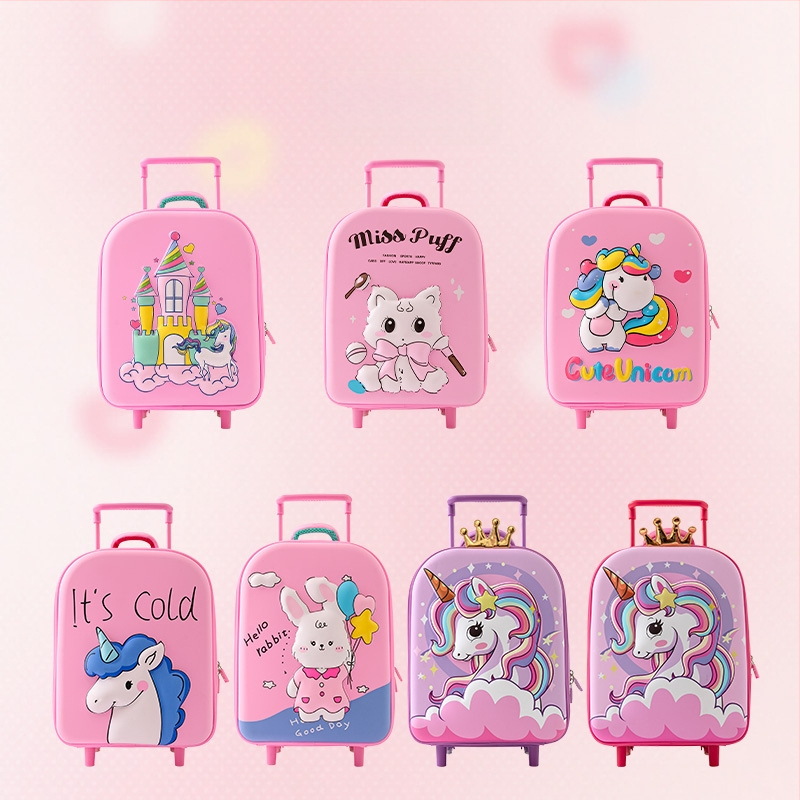 Detský cestovný kufor na kolieskach – motív kreslených postáv morská panna a jednorožec, ľahký EVA materiál, hmotnosť 0.73 kg, otváranie zipsom, jednosmerné kolieska, vodotesný