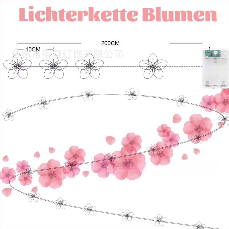 LED svetelný reťaz s medeným drôtom, kvety pre vonkajšie použitie — čerešňa a broskyňa, 5V batériové napájanie, ručný vypínač, prispôsobiteľný