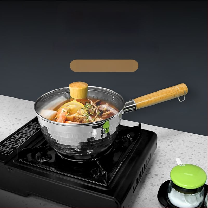 Nerezový Snow Pan s japonskou drevenou rúčkou, kalený vzor Hammered, nepriľnavý, jednopodlažné dno, vhodný pre bežné sporáky