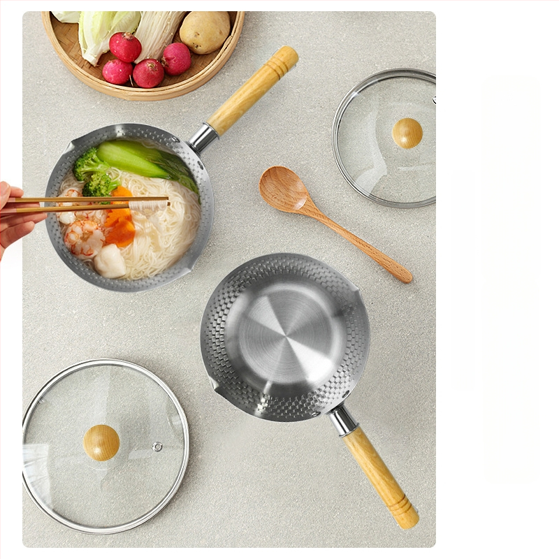 Nerezový Snow Pan s japonskou drevenou rúčkou, kalený vzor Hammered, nepriľnavý, jednopodlažné dno, vhodný pre bežné sporáky