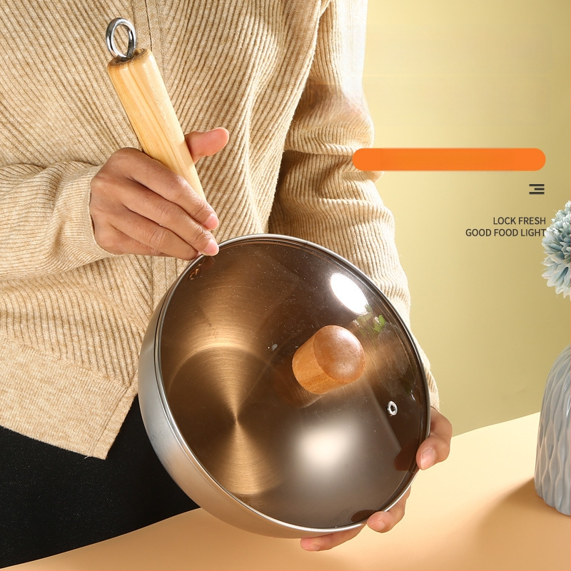 Wok z 304 nehrdzavejúcej ocele s nepriľnavým povrchom, sklenené viečko, jedno dno, vhodné pre všetky platne