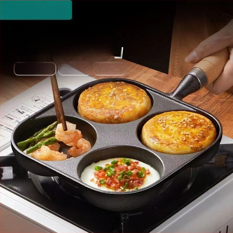 Litínová panvica na vajíčka so štyrmi otvormi, nepriľnavým povrchom, kompatibilná s plynovým a indukčným varičom