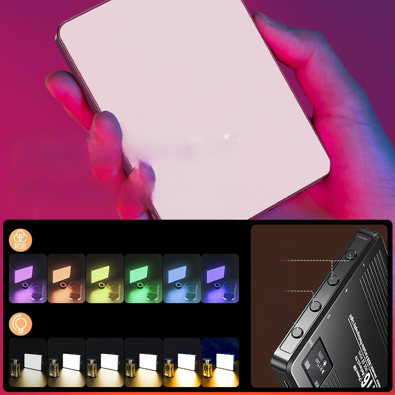 Nešiojama RGB LED šviesa fotografijai – 6.5W, 3.7V, 2700–6500K, reguliuojamas ryškumas, su atskiru maitinimo šaltiniu