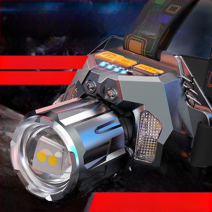 LED čelovka s tromi LED režimami pre nočné vonkajšie rybárčenie, 30W, 360° otočný, dosah lúča nad 500 m, vstavaná Li-ion batéria