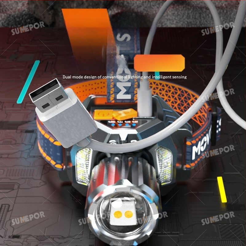 LED čelovka s tromi LED režimami pre nočné vonkajšie rybárčenie, 30W, 360° otočný, dosah lúča nad 500 m, vstavaná Li-ion batéria