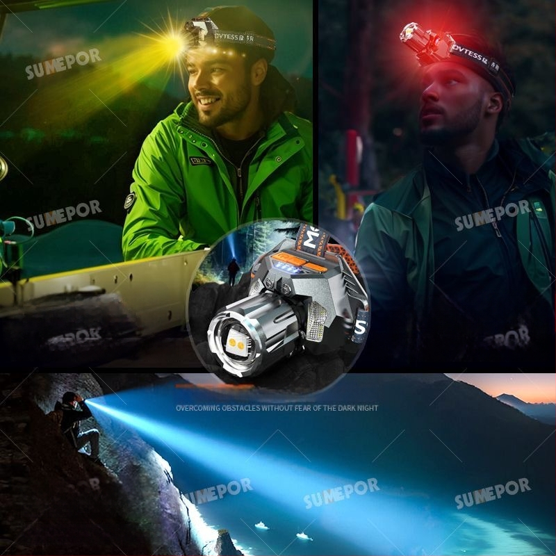 LED čelovka s tromi LED režimami pre nočné vonkajšie rybárčenie, 30W, 360° otočný, dosah lúča nad 500 m, vstavaná Li-ion batéria