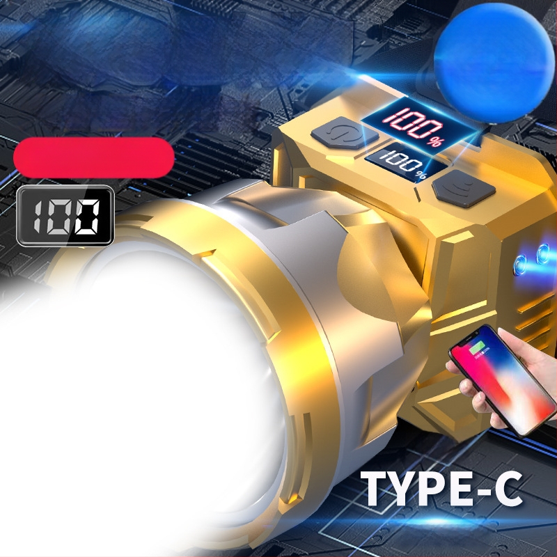 Čelovka s veľkým lúčom, 5W, 2400mAh, 360° otáčanie, ručné napájanie, nabíjačka súčasťou, na nočné rybolenie a kempovanie