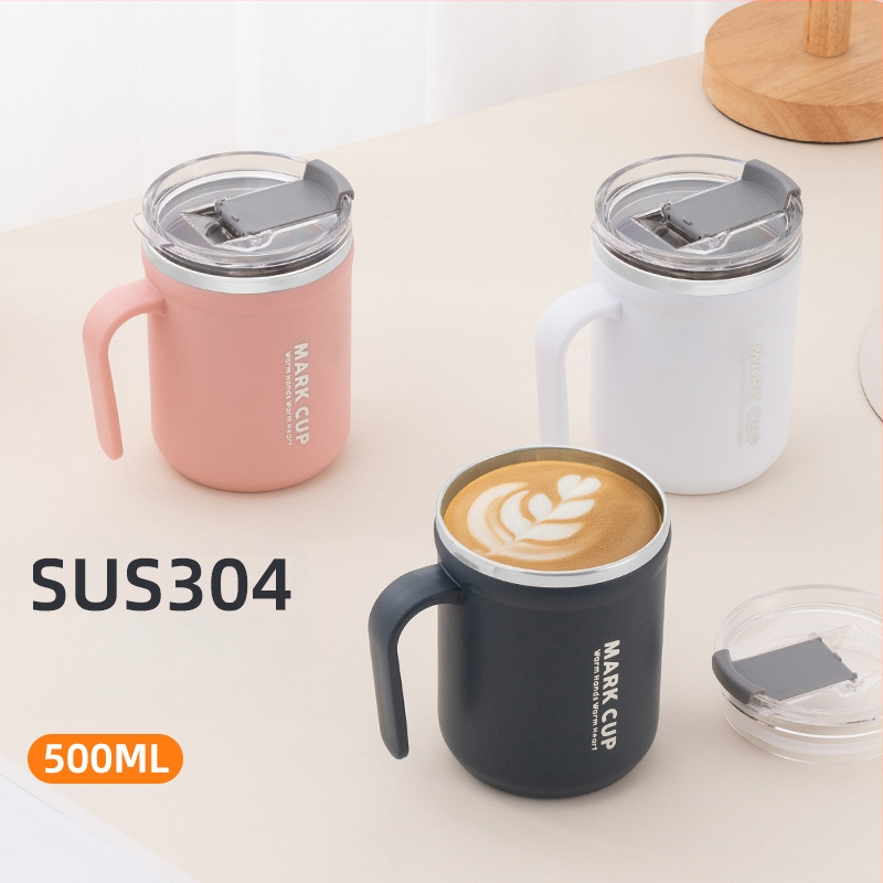 Pohár z 304 nehrdzavejúcej ocele s viečkom a držadlom — proti popáleniu, vhodný na kávu/mlieko, kancelárske použitie