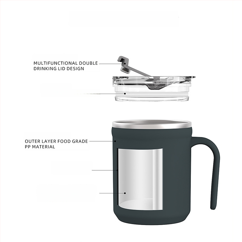 Pohár z 304 nehrdzavejúcej ocele s viečkom a držadlom — proti popáleniu, vhodný na kávu/mlieko, kancelárske použitie