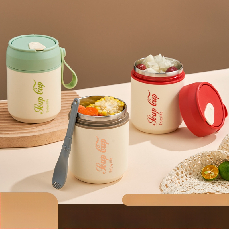Nerezový pohár na raňajky s viečkom a lyžičkou, dvojvrstvová izolácia, guľatý prenášací pohár na kašu a mlieko