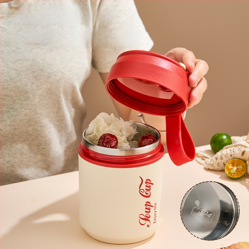 Nerezový pohár na raňajky s viečkom a lyžičkou, dvojvrstvová izolácia, guľatý prenášací pohár na kašu a mlieko