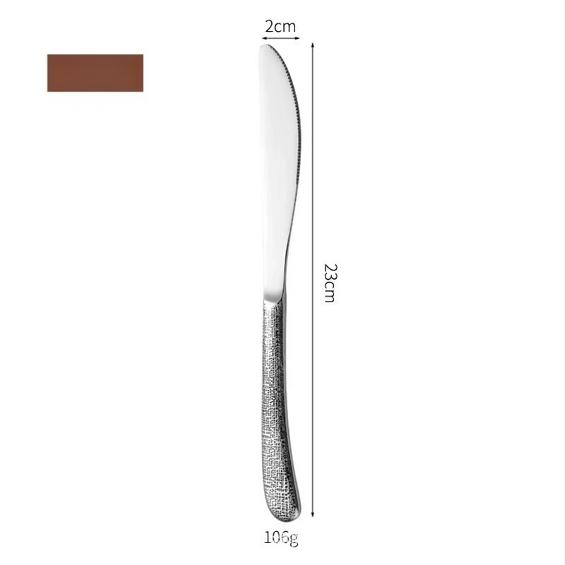 Set z nerezovej ocele 304 s kladivovým vzorom – stolný nôž, nô na steak, vidlička a lyžica; zosilnená verzia, severský štýl, zrkadlový lesk