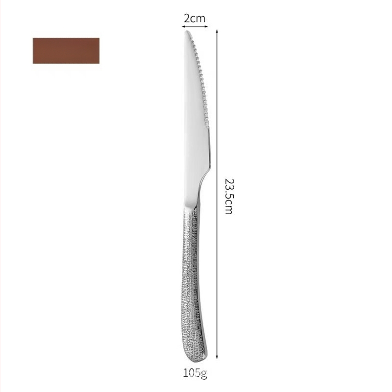 Set z nerezovej ocele 304 s kladivovým vzorom – stolný nôž, nô na steak, vidlička a lyžica; zosilnená verzia, severský štýl, zrkadlový lesk