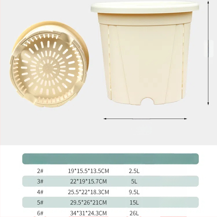 Kvetináč z živice s priedušnou konštrukciou, odolný voči deformáciám a korózii, pevný a odolný, vhodný na stolné aj podlažné použitie.