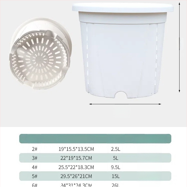 Kvetináč z živice s priedušnou konštrukciou, odolný voči deformáciám a korózii, pevný a odolný, vhodný na stolné aj podlažné použitie.