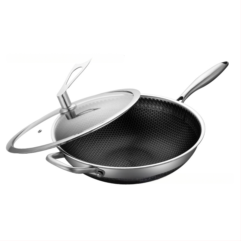 Wok set z 316-päťvrstvovej ocele, plazmové nanášanie neprilnavého povrchu, viacvrstvové dno, kryt z tvrdeného skla