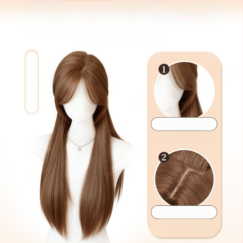 Parochňa s prirodzeným vzhľadom, dlhé rovné vlasy a šikmé ofiny, vlákno z vysokoteplotného hodvábia, model 8484