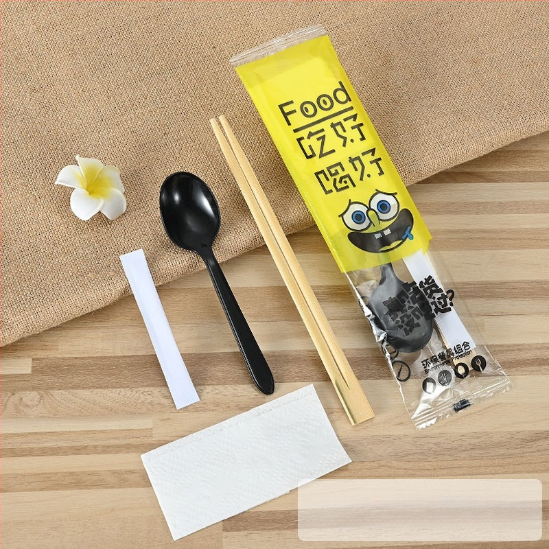 Jednorazové paličky na jedlo so lyžičkou na polievku – bambusový set s potravinovou kvalitou, štvorčlenný set, vhodný do mikrovlnky