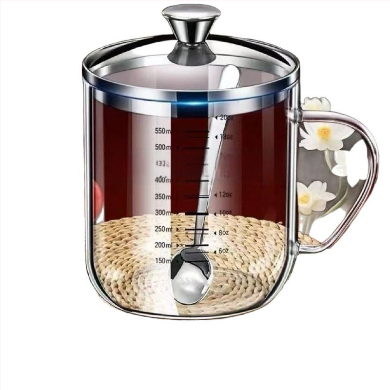 Pohár z borosilikátového skla, vysoká teplotná odolnosť, graduovaná stupnica, trojuholníkový tvar, s viečkom