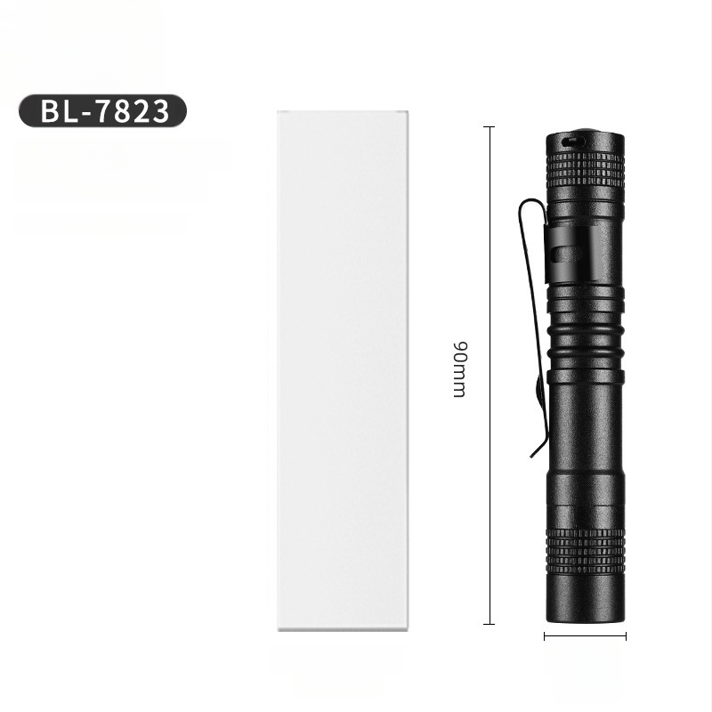Ručná LED baterka z hliníkovej zliatiny, napájaná suchou batériou, dosah 10–50 m, model BL-7823, hmotnosť 25–30 g