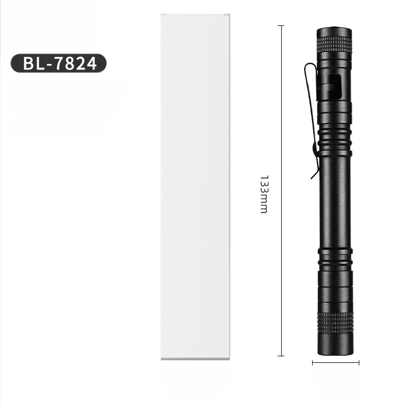 Ručná LED baterka z hliníkovej zliatiny, napájaná suchou batériou, dosah 10–50 m, model BL-7823, hmotnosť 25–30 g