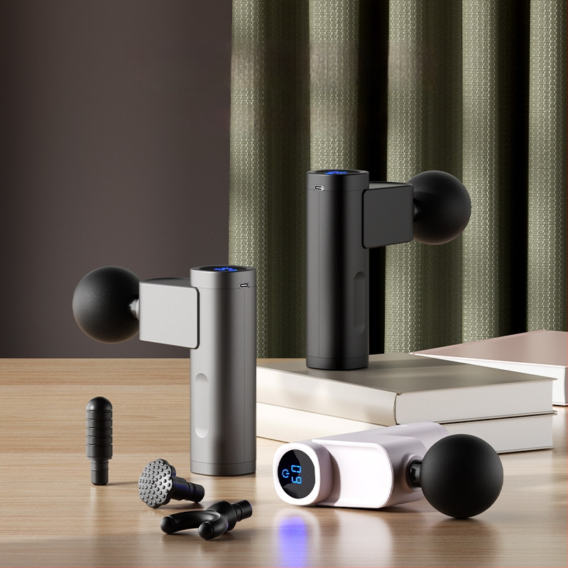 Mini tichý fasciálny masážny prístroj s LCD – 5+ úrovní rýchlosti, 4 hlavice, vstavaná batéria 1200–2000 mAh, hluk 36–45 dB