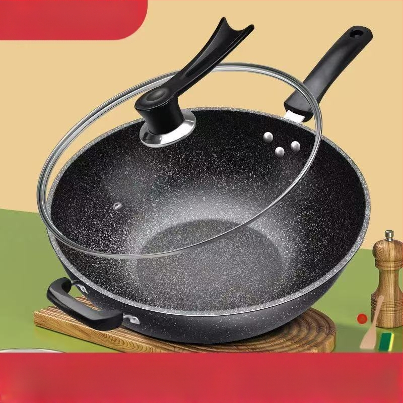 Onijia WOK z Maifanového kameňa - nepriľnavý, bez oleja, ploché dno, kompatibilný s indukciou, sklenené veko