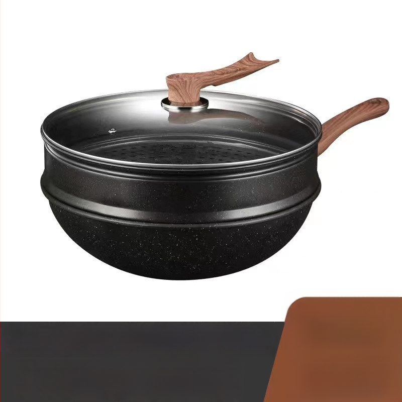 Onijia WOK z Maifanového kameňa - nepriľnavý, bez oleja, ploché dno, kompatibilný s indukciou, sklenené veko