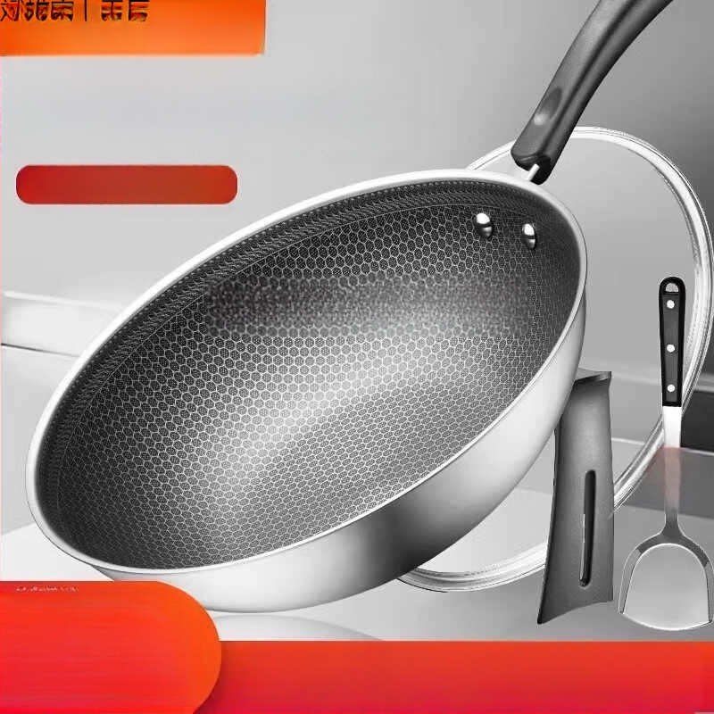 Wok pan s nepriľnavým povrchom z 316 nerezovej ocele, viacvrstvové dno, sklenené veko, vhodný na plynovú platňu