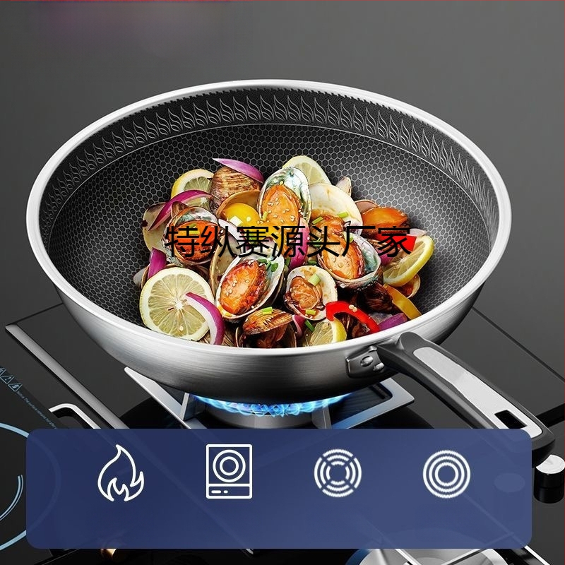 Wok pan s nepriľnavým povrchom z 316 nerezovej ocele, viacvrstvové dno, sklenené veko, vhodný na plynovú platňu