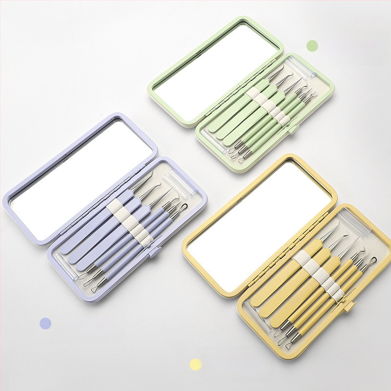 Sada nástrojov na liečbu akné, 5 kusov, nerezová oceľ, s zrkadlom, model fcztz-03