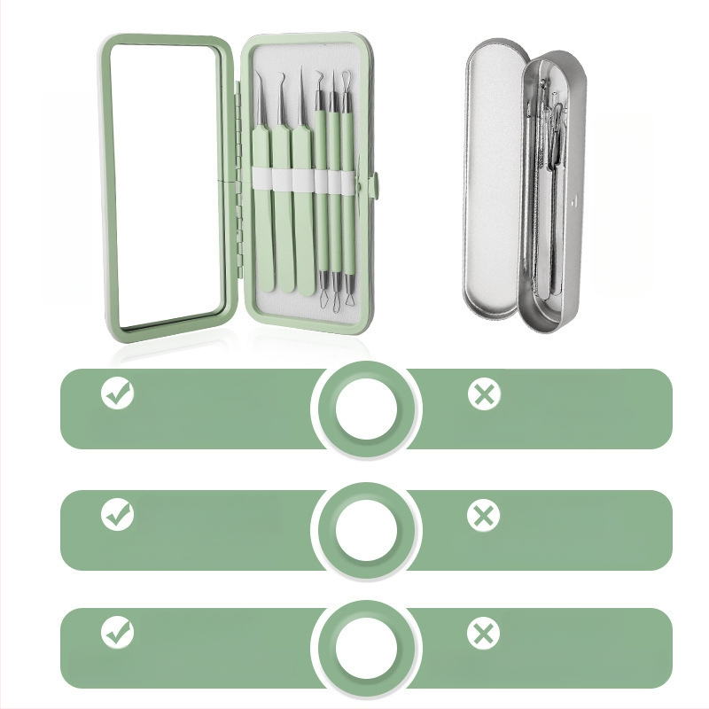 Sada nástrojov na liečbu akné, 5 kusov, nerezová oceľ, s zrkadlom, model fcztz-03