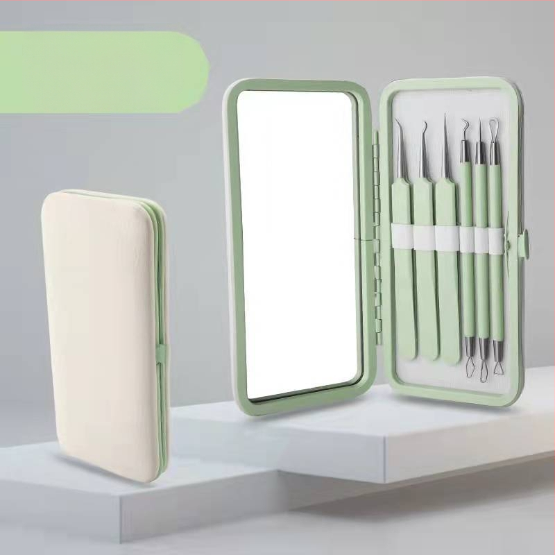 Sada nástrojov na liečbu akné, 5 kusov, nerezová oceľ, s zrkadlom, model fcztz-03