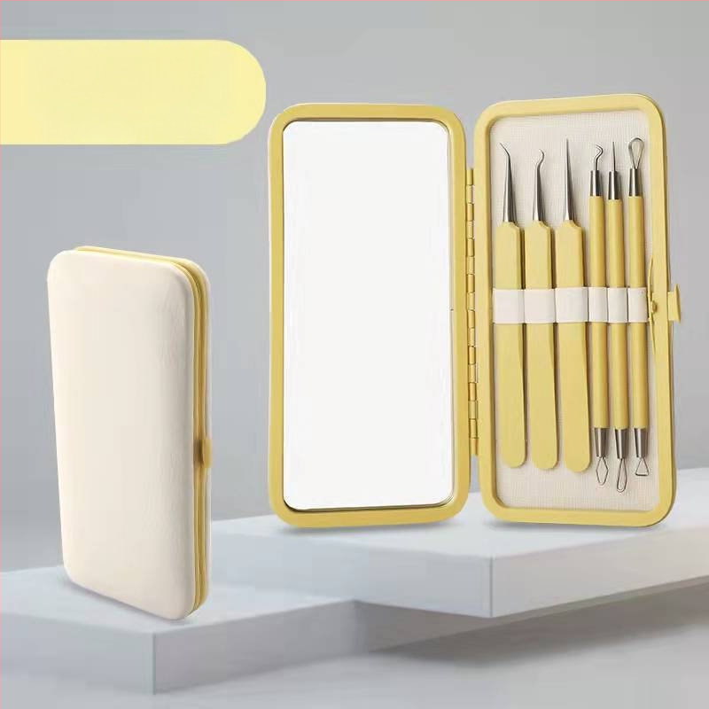 Sada nástrojov na liečbu akné, 5 kusov, nerezová oceľ, s zrkadlom, model fcztz-03