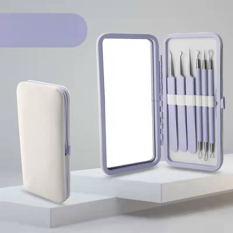 Sada nástrojov na liečbu akné, 5 kusov, nerezová oceľ, s zrkadlom, model fcztz-03