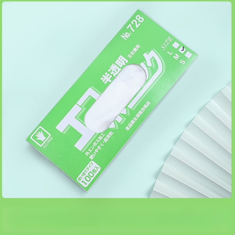 Jednorazové rukavice z CPE, potravinárska kvalita, protišmykové, priehľadné, balené v kuchynskej krabičke, hrúbka 0.05–0.1 mm, 50 ks v balení