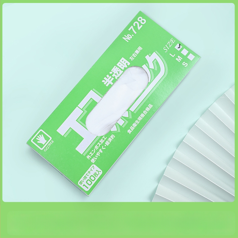 Jednorazové rukavice z CPE, potravinárska kvalita, protišmykové, priehľadné, balené v kuchynskej krabičke, hrúbka 0.05–0.1 mm, 50 ks v balení