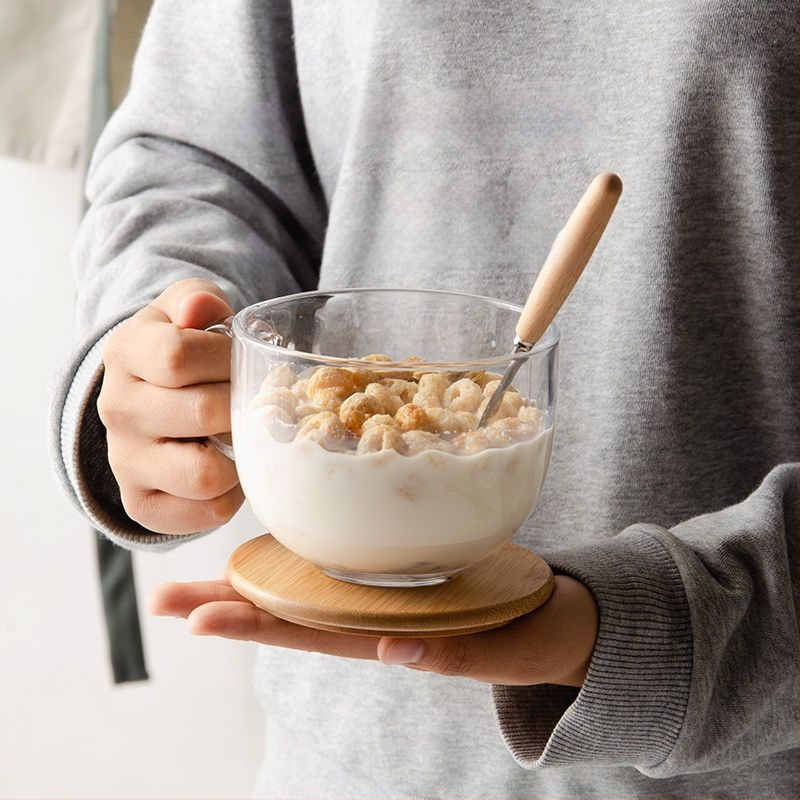 Γυάλινο μπολ πρωινού με καπάκι και λαβή για κουτάλι — κατάλληλο για γιαούρτι, βρώμη και γάλα; ανθεκτικό στη θερμοκρασία, κατασκευή πολλών στρώσεων