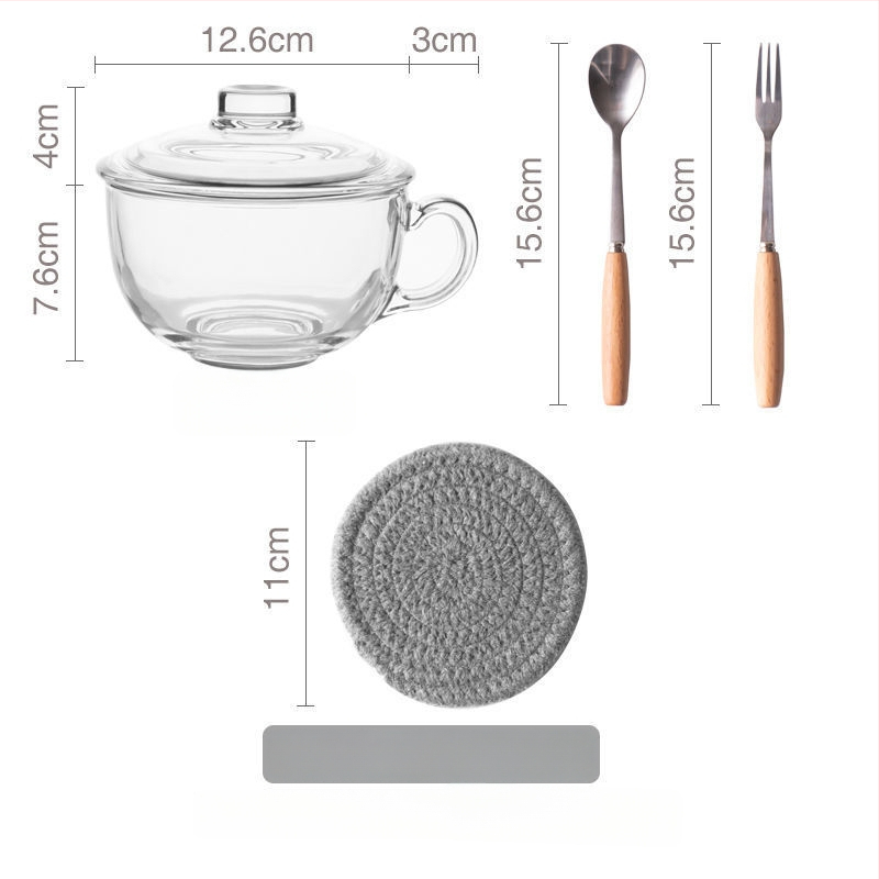 Γυάλινο μπολ πρωινού με καπάκι και λαβή για κουτάλι — κατάλληλο για γιαούρτι, βρώμη και γάλα; ανθεκτικό στη θερμοκρασία, κατασκευή πολλών στρώσεων