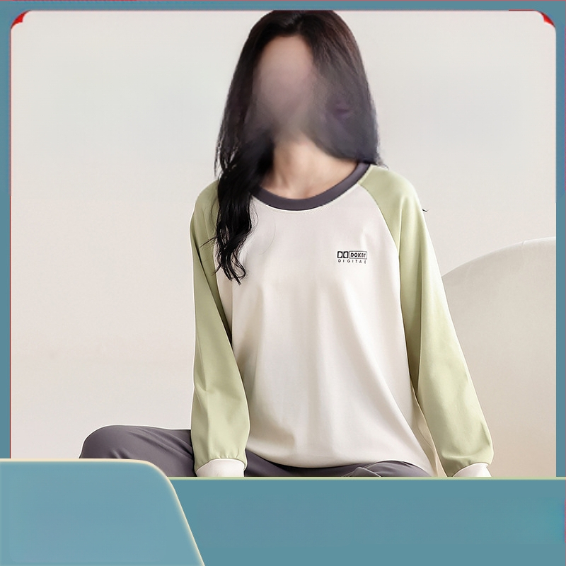 Ženski set pidžama od 100% pamuka, dugi rukavi, pulover s okruglim izrezom, udoban slobodan kroj, srednja težina pamuka, pogodan za proljeće i jesen