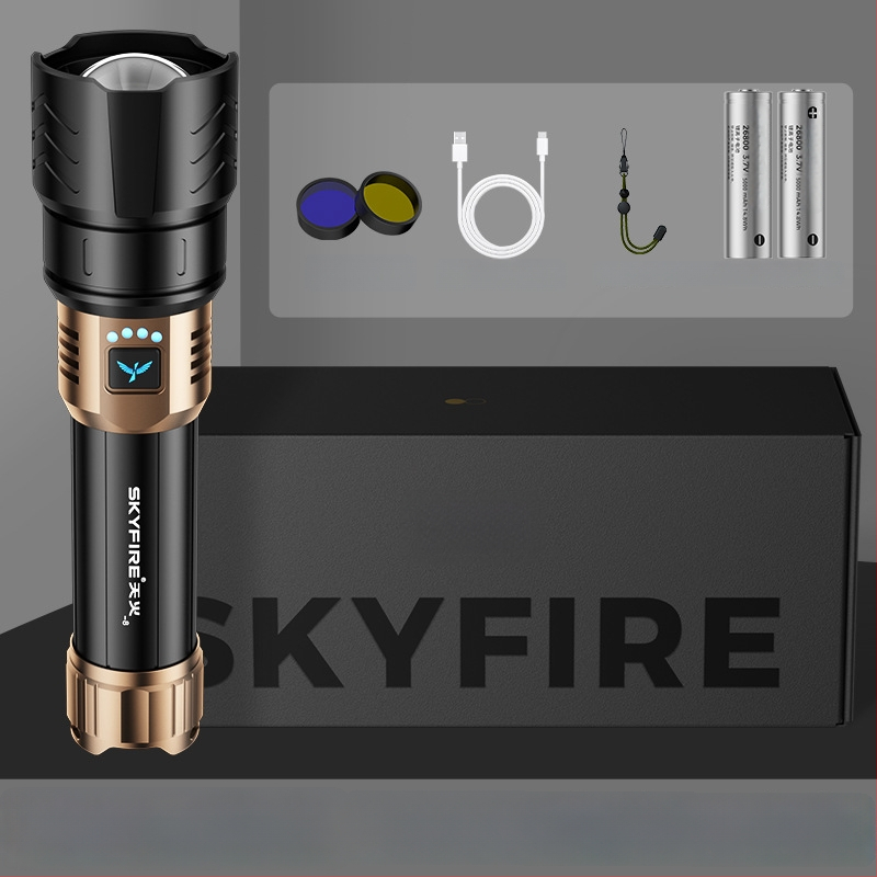 Skyfire LED batéria so laserom pre vonkajšie použitie, dosah 500 m+, 4000 mAh, 16 W, hliníková zliatina, ručné nabíjanie, 360° otáčanie