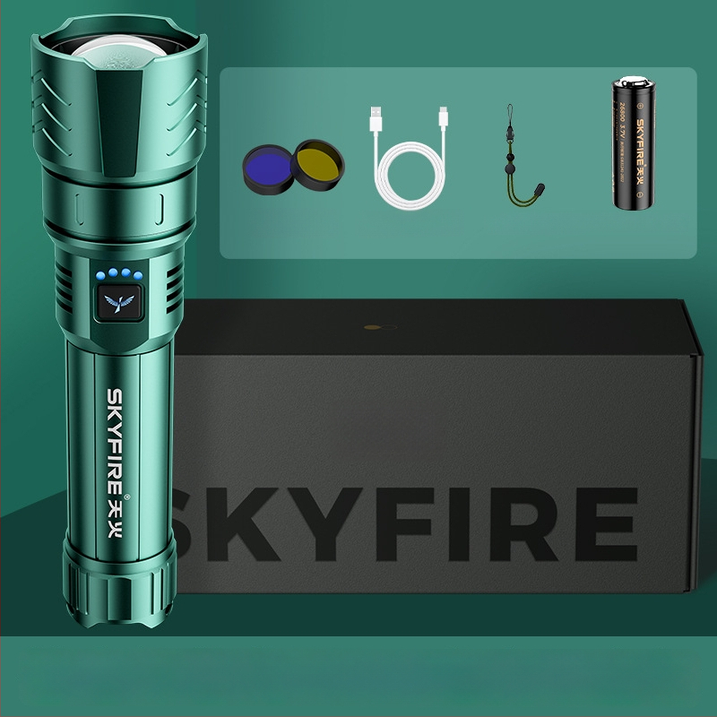 Skyfire LED batéria so laserom pre vonkajšie použitie, dosah 500 m+, 4000 mAh, 16 W, hliníková zliatina, ručné nabíjanie, 360° otáčanie